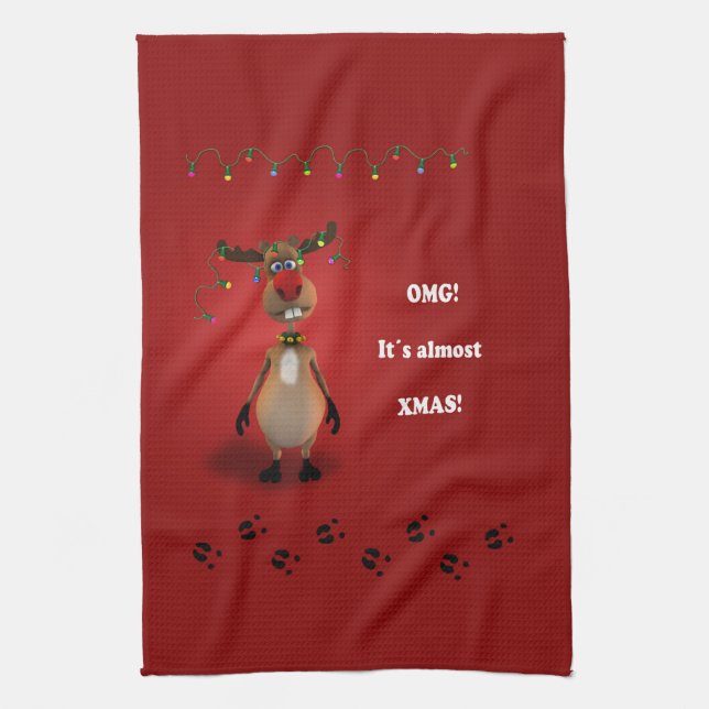 Funny Christmas Red Nosed Reindeer Tea Towel (Vertical)