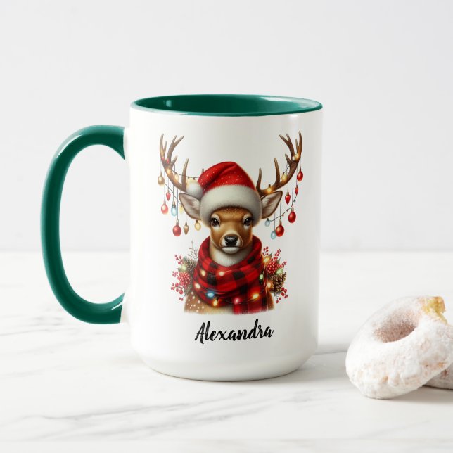 Funny christmas reindeer mug, Personalised name Mug (With Donut)