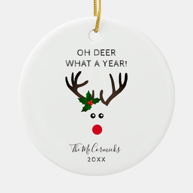Funny Christmas Reindeer Personalised Name Year Ceramic Ornament (Front)