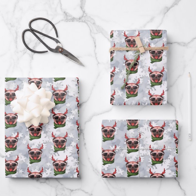Funny Christmas Reindeer Pug  Wearing A Scarf Wrapping Paper Sheet (Front)