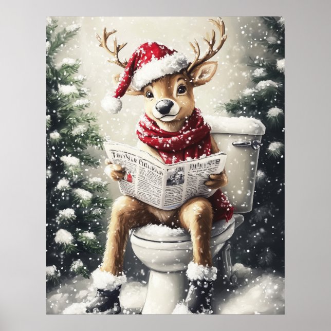 Funny Christmas Reindeer Reading on the Toilet Poster (Front)