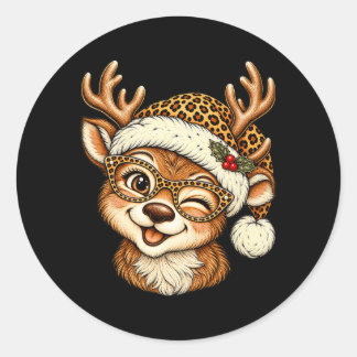 Funny Christmas Reindeer With Leopard Santa Hat Classic Round Sticker