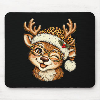 Funny Christmas Reindeer With Leopard Santa Hat Mouse Pad