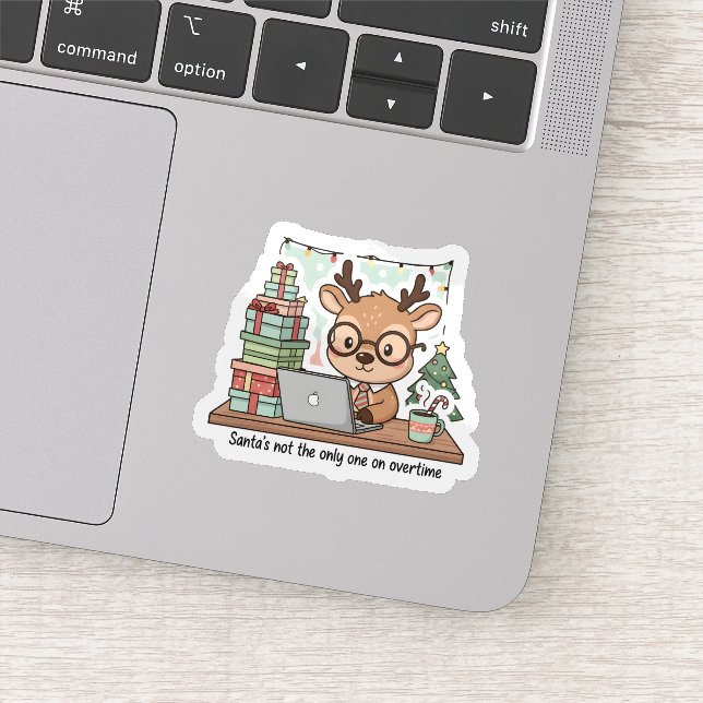 Funny Christmas Reindeer Working Overtime Sticker  (Detail)