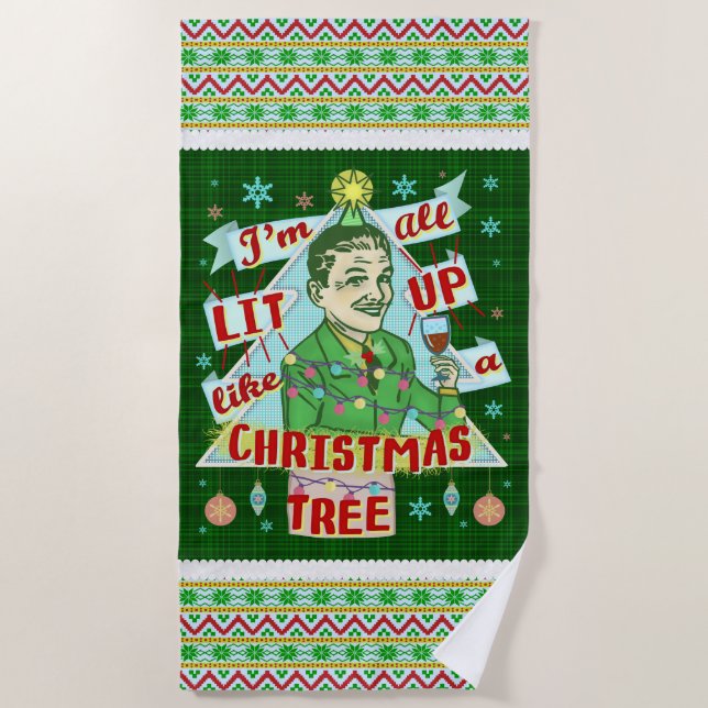 Funny Christmas Retro Drinking Humour Man Lit Up Beach Towel (Front)