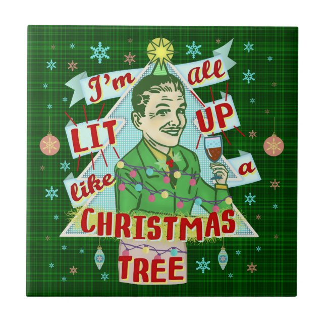 Funny Christmas Retro Drinking Humour Man Lit Up Ceramic Tile (Front)