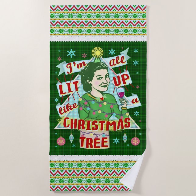 Funny Christmas Retro Drinking Humour Woman Lit Up Beach Towel (Front)