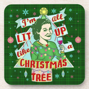 Funny Christmas Retro Drinking Humour Woman Lit Up Coaster