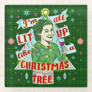 Funny Christmas Retro Drinking Humour Woman Lit Up Glass Coaster