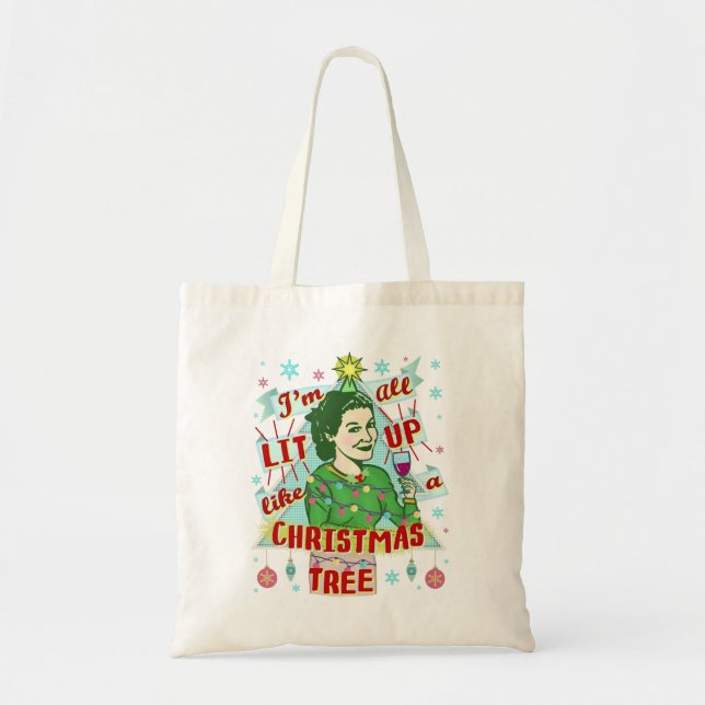 Funny Christmas Retro Drinking Humour Woman Lit Up Tote Bag (Front)