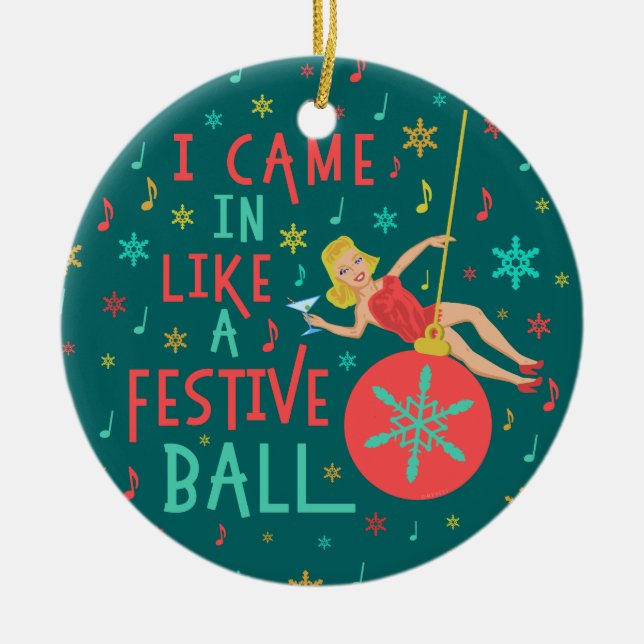 Funny Christmas Retro Woman on Festive Xmas Ball Ceramic Ornament (Front)