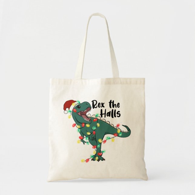 Funny Christmas Rex The Halls T-rex Tote Bag (Front)