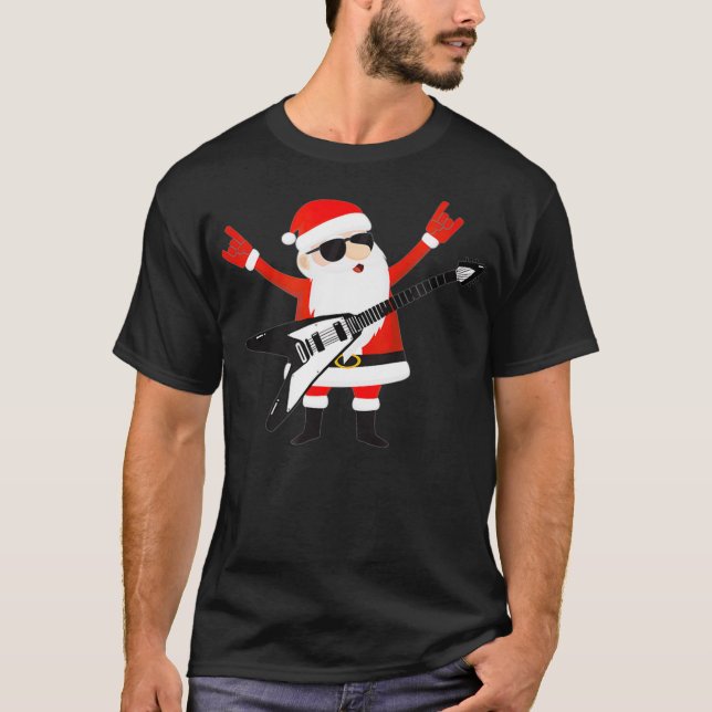 Funny Christmas Rock n Roll  Santa Guitar  T-Shirt (Front)