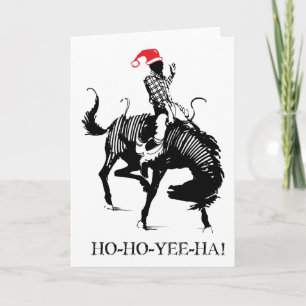 Funny Christmas rodeo Santa on black horse Holiday Card