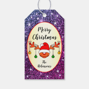 Funny Christmas Rudolph Reindeer Purple Glitter Gift Tags