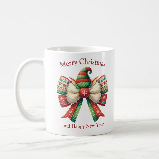 Funny Christmas rustic bow with elves hat Coffee Mug (Left)