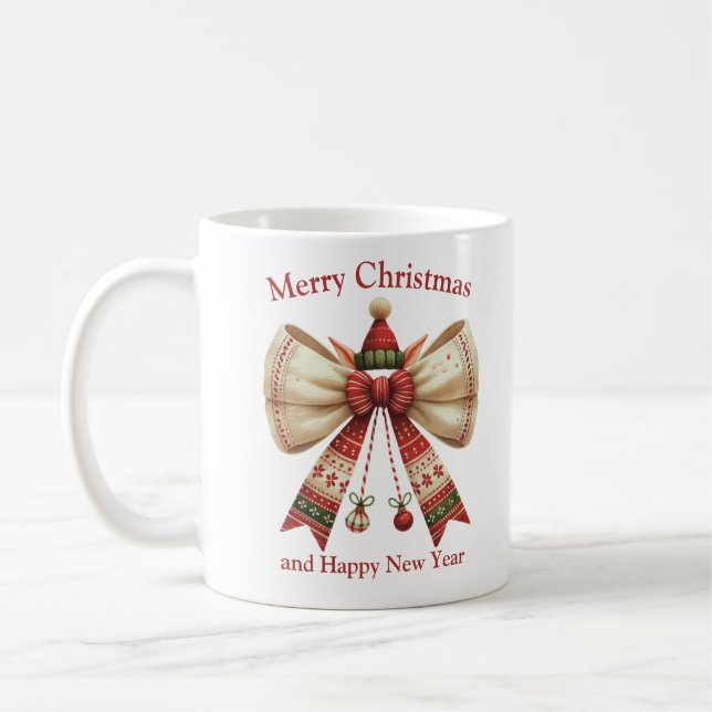 Funny Christmas rustic bow with elves hat Coffee Mug (Left)