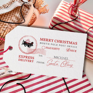 Funny Christmas Santa Aeroplane Stamp Red Custom Gift Tags
