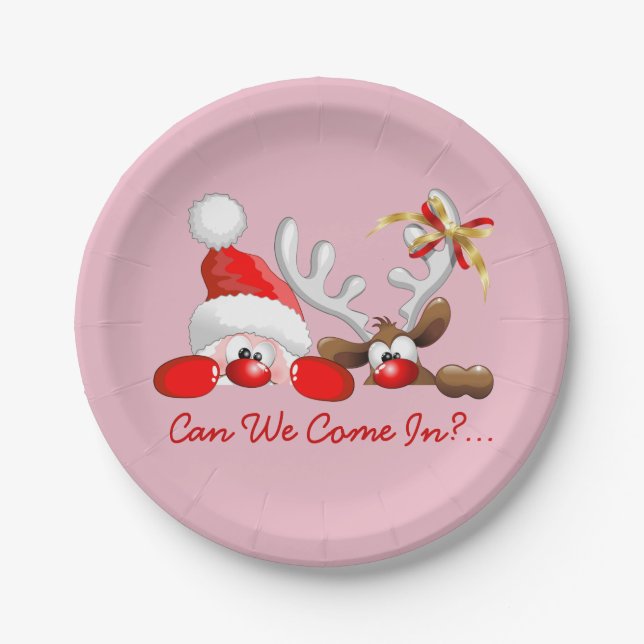 Funny Christmas Santa and Reindeer Cartoon Paper Plate (Front)