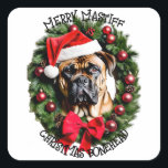 Funny Christmas Santa Bull Mastiff Custom Personal Square Sticker<br><div class="desc">Unleash the holiday hounds with our "Merry Mastiff Christmas Wreath" – an utterly charming image featuring a festive Bullmastiff proudly donning a Santa hat, with its loveable head poking through a wreath that's ready to spread some Christmas cheer! Picture the adorable Bullmastiff, its warm eyes twinkling with festive joy as...</div>