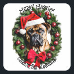 Funny Christmas Santa Bull Mastiff Custom Personal Square Sticker<br><div class="desc">Unleash the holiday hounds with our "Merry Mastiff Christmas Wreath" – an utterly charming image featuring a festive Bullmastiff proudly donning a Santa hat, with its loveable head poking through a wreath that's ready to spread some Christmas cheer! Picture the adorable Bullmastiff, its warm eyes twinkling with festive joy as...</div>