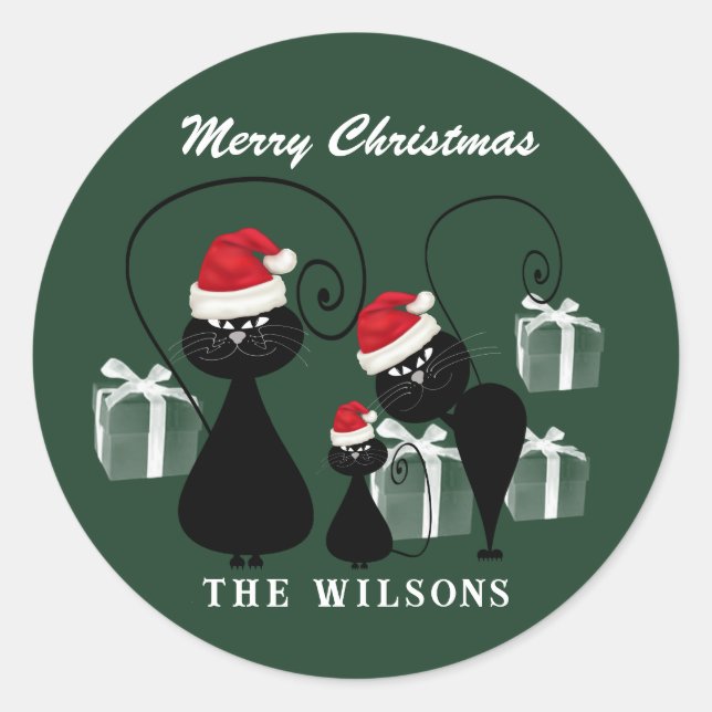 Funny Christmas Santa cat family chalkboard Classic Round Sticker (Front)