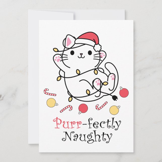Funny Christmas Santa Cat Purrfectly Naughty Holiday Card (Front)