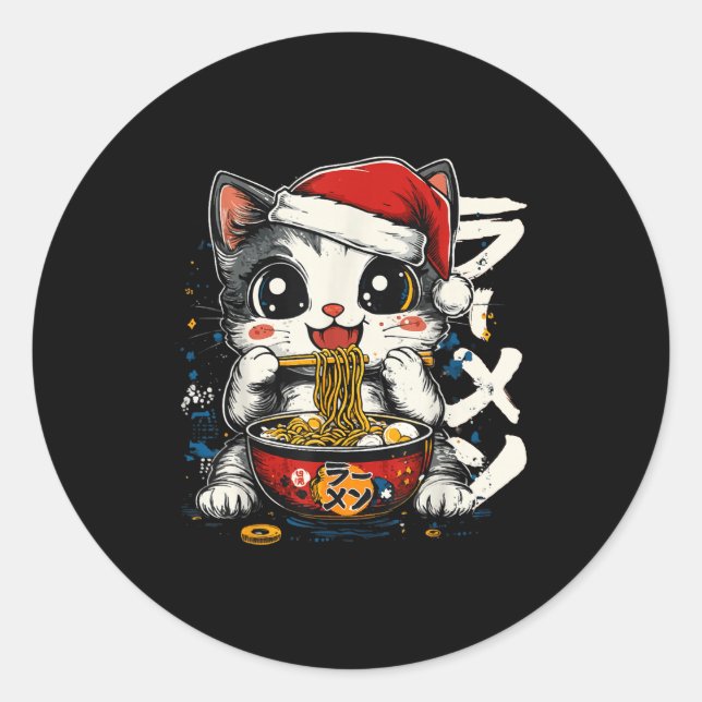 Funny Christmas Santa Cat Ramen Japanese Kawaii An Classic Round Sticker (Front)