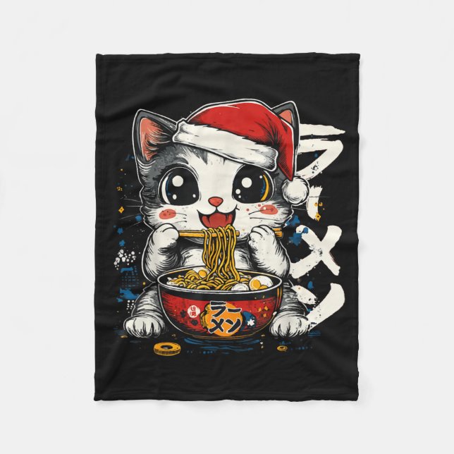 Funny Christmas Santa Cat Ramen Japanese Kawaii An Fleece Blanket (Front)