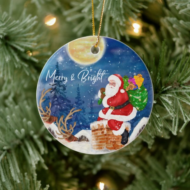 Funny Christmas Santa Claus Holding Sack of Gifts  Ceramic Ornament (Tree)