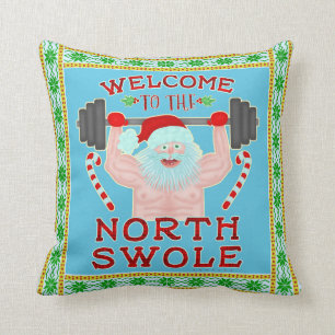 Funny Christmas Santa Claus Swole Weightlifter Cushion