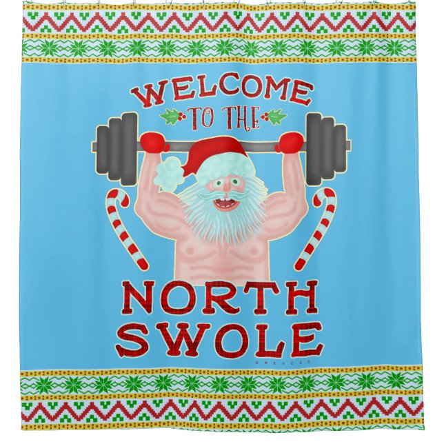 Funny Christmas Santa Claus Swole Weightlifter Shower Curtain (Front)
