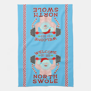 Funny Christmas Santa Claus Swole Weightlifter Tea Towel