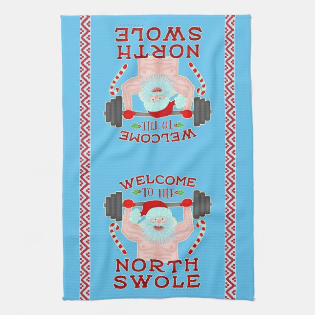Funny Christmas Santa Claus Swole Weightlifter Tea Towel (Vertical)