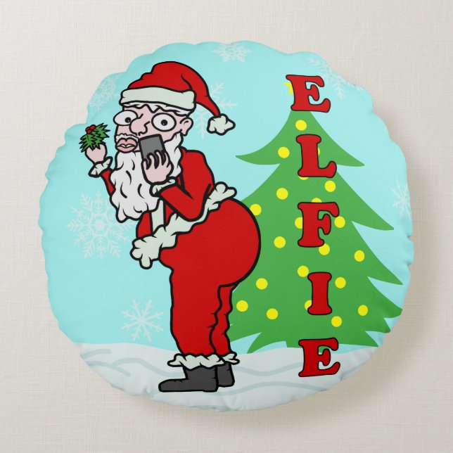 Funny Christmas Santa Elfie Round Cushion (Front)