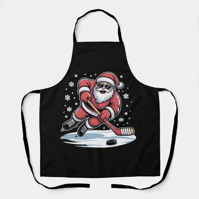 Funny Christmas Santa Playing Ice Hockey Xmas  Apron (Front)