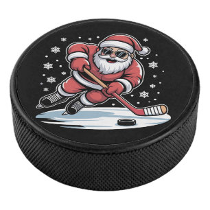Funny Christmas Santa Playing Ice Hockey Xmas Hockey Puck