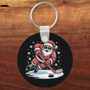Funny Christmas Santa Playing Ice Hockey Xmas Key Ring