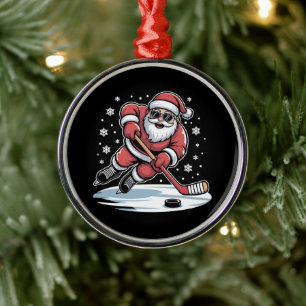 Funny Christmas Santa Playing Ice Hockey Xmas  Metal Ornament