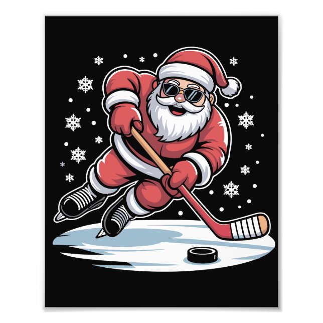 Funny Christmas Santa Playing Ice Hockey Xmas  Photo Print (Front)