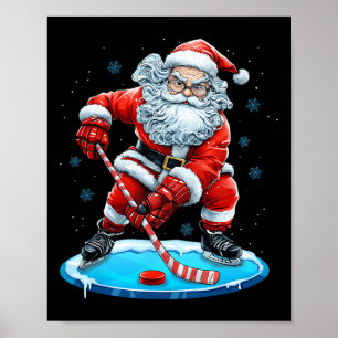 Funny Christmas Santa Playing Ice Hockey Xmas Spor Poster