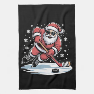Funny Christmas Santa Playing Ice Hockey Xmas  Tea Towel