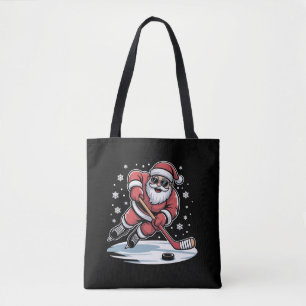 Funny Christmas Santa Playing Ice Hockey Xmas Tote Bag