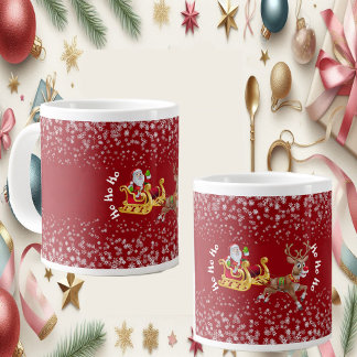 Funny Christmas Santa Reindeer Sleigh Ho-Ho-Ho Red Large Coffee Mug