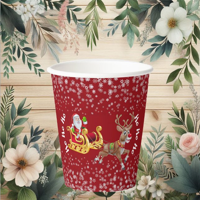 Funny Christmas Santa Reindeer Sleigh Ho-Ho-Ho Red Paper Cups (Funny Christmas Santa Reindeer Sleigh Ho-Ho-Ho Red Paper Cups)