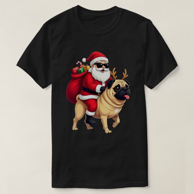 Funny Christmas Santa Riding Pug T-Shirt (Design Front)