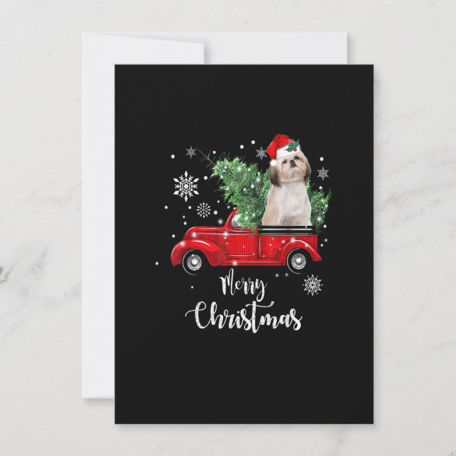Funny Christmas Santa Shih Tzu Ride Red Truck Xmas Invitation (Front)