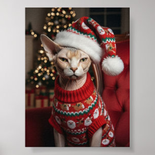 Funny Christmas Santa Sphynx Cat in Sweater Poster