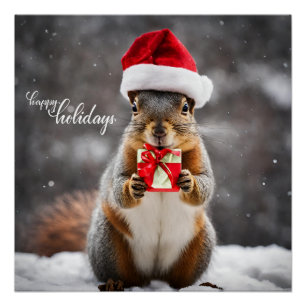 Funny Christmas Santa Squirrel with Present Poster