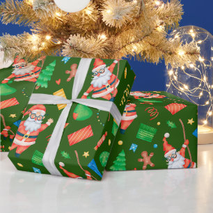 Funny Christmas Santa with Gifts Green Wrapping Paper